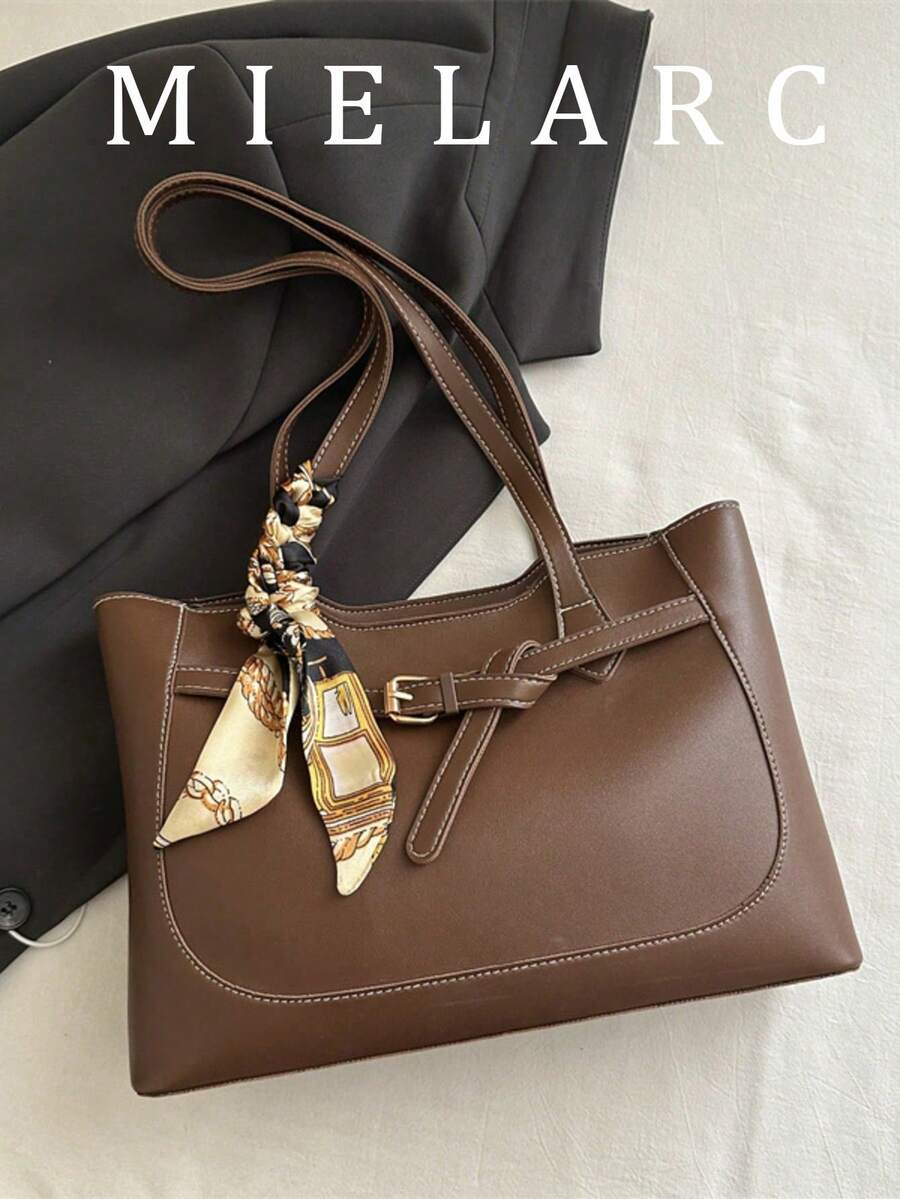 1pc Luxury Solid Color Versatile Women's Shoulder Handbag, New Fashion High Capacity Ladies Tote Bag - Coffee - View 1