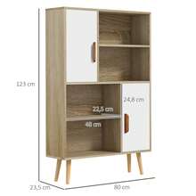 Estante escandinava com 4 nichos + 2 armários com prateleiras, dimensões 80 cm (comprimento) x 24 cm (largura) x 123 cm (altura). Pés inclinados e afilados. Carvalho maciço. - A - Ver 5
