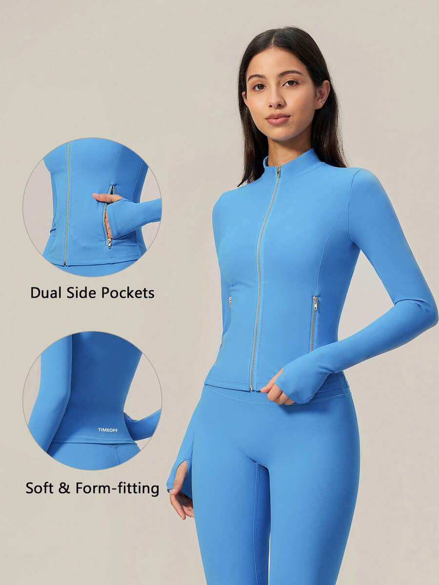 TimeOff Women's 1pc Solid Color Stand Collar Zipper Jacket With Side Pockets And Thumb Holes, Autumn/Winter - Blue - View 1