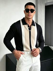 WAIT HIM Men's Striped Casual Long Sleeve Half-Zip Cardigan Sweater - Black - View 5