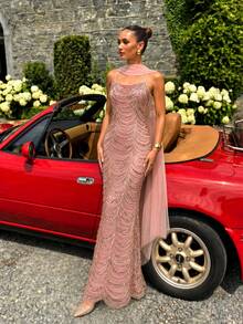 UNITHORSE [Random Crop] Waist-Cinching Sequin & Bead Tube Elegant Evening Gown Spaghetti Strap Dress - Dusty Pink - View 2
