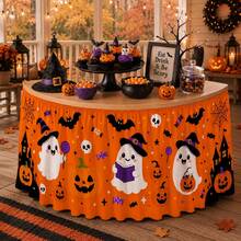 1pc Orange Background Cute Cartoon Halloween Tablecloth Table Skirt, Witch Hat, Pumpkin Lantern, Pumpkin, Ghost Castle, Bat, Spider Web, Skull, Lollipop, Candy, Star Print, Children's Halloween Party Decoration Tablecloth - A - View 6
