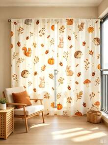 2 Stück Herbst Kleine Tiere Eichel Muster Vorhänge, mit Eichhörnchen, Igel, Hase, Eichel, Kürbis, Herbstblatt, Pilz Mustern, 2D Flachdruck, lichtdurchlässiger Stoff, Stangendurchzug Design, Herbst Schlafzimmer, Wohnzimmer, Kinderzimmer Fensterdekoration, Thanksgiving Vorhänge - Verschiedenfarbig - Übersicht 6