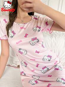 SANRIO 女款 Hello Kitty 睡裙，圓領可愛舒適度假睡衣居家服，卡通印花粉色與白色條紋睡裙家居服 - 粉色 - 查看 2