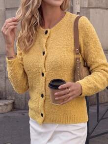 JIANHU Vintage Loose Teddy Knit Button Front Textured Cardigan, Suitable For Autumn/Winter Thanksgiving And Christmas Wear - Yellow - View 3