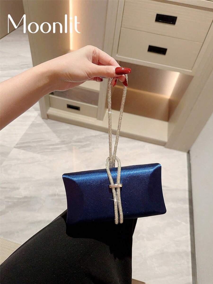 女士时尚闪亮水晶装饰缎面盒状手拿包,适合晚会、圣诞舞会的晚会包 - 藍色 - 查看 1