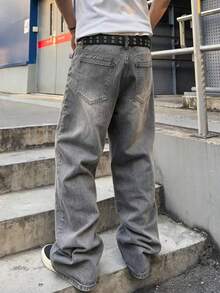 Men Grey Washed Baggy Wide Leg Jeans, Relaxed Loose Fit Casual Street Style Long Denim Trousers - Grey - View 2