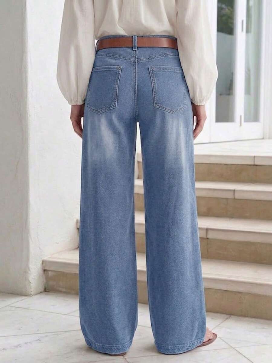 Nuevos jeans casuales de pierna ancha con múltiples botones para mujer - Denim de alta calidad, de moda y cómodos para la primavera - azul claro - Ver 1