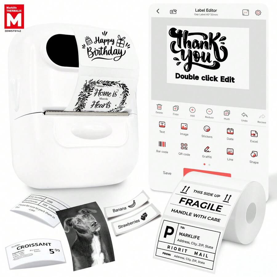 Marklife P50 White Thermal Label Maker, Inkless Printer, Portable Wireless Label Printer For Barcode, QR Code, Jewelry, Retail Clothing Tag, Labeling, Home, Office, Compatible With Phone Android, IOS, With 1 Roll Sticker