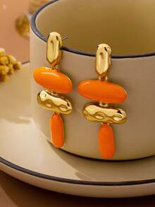 1 Pair Exaggerated Asymmetrical Geometric Oil Drip Enamel Earrings - Orange - View 3