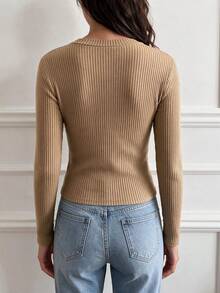 QUNGIGU Women Casual Ribbed Knit Pullover V Neck Long Sleeve Slim Fit Tops Casual Clothes For Daily Commuting Going Out Dating - Khaki - View 6