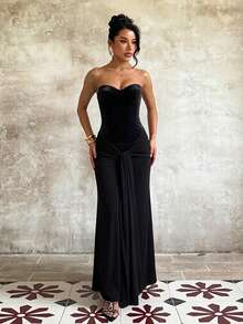 Autumn Solid Color Velvet Bandeau Dress With Ribbon Tie, Elegant Dress For Party And Date - Black - View 6