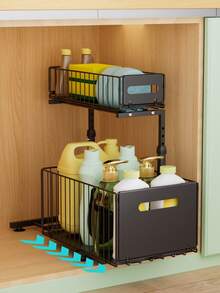 1pc Pull‑Out Dual‑Tier Under‑Sink Organizer, Sliding Cabinet Storage Drawer & Shelf, Multi‑Functional Cabinet Organizer For Kitchen & Bathroom, Space‑Saving Storage Holder For Spices, Pots, Pans, Bathroom Toiletries And Skincare Products - Multicolor - View 2