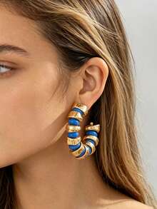 Minimalist Glossy Gradient Beaded Large Hoop Dangle Earrings, High-End Party Eye-Catching Exaggerated Runway Style, Can Be Paired With Pure White / Black Off-Shoulder Bandeau, Slim-Fit Satin Camisole, Basic High-Neck Knit Sweater - Blue - View 1