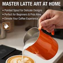 L LEESEPH Stainless Steel Milk Frothing Pitcher 30oz/900ml - Espresso Steam Pitcher, Suitable For Cappuccino, Latte Art, Coffee Machine Accessory Milk Pitcher Coffee Frothing Cup, Orange - Multicolor - View 6