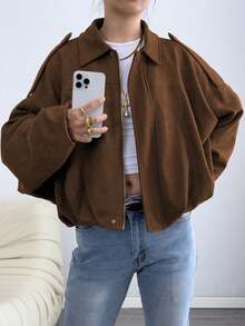 Vintage Y2K Style Faux Suede Short Jacket, Loose Fit Lapel Zip-Up Jacket, Casual Streetwear - Brown - View 10