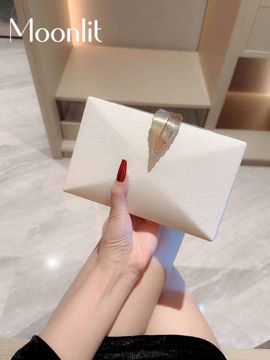 女款時尚金屬盒式晚宴手拿包,閃亮葉子扣飾,正式派對包,手提鏈條包,婚禮包,新娘包,舞會手拿包 - 白色 - 查看 1