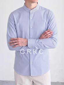 GRKC 男士通勤立領長袖梭織襯衫，極簡成熟風格，適合春秋冬季 - 藍白色 - 查看 4