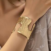 1pc European & American Fashion Wide Exaggerated Line Texture Asymmetrical Shape Premium Open Bangle - Gold - View 7