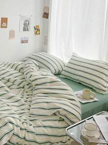 3pcs 100% Polyester Retro Green Striped Printed Duvet Cover Set, 2 Pillowcases + 1 Duvet Cover (No Bed Sheet), Soft & Comfortable, Suitable For All Seasons - Multicolor - View 4