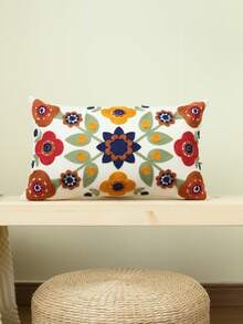 1pc Flower Embroidered Cushion Cover Without Filler, Modern Woven Fabric Decorative Throw Pillow Case For Bedroom, All Season - Multicolor - View 5
