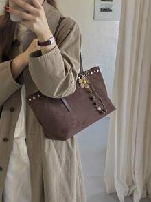 Women's Shoulder Tote Bag, Fashionable Elegant Autumn/Winter Matte Large Capacity Coffee Color Bag With Rivet Embellishment - Coffee - View 6