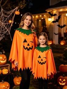 Halloween Pumpkin‑Print Parent‑Child Cape Set, Jagged Hem With Green Collar, Cosplay Costume For Holiday Party - Multicolor - View 2