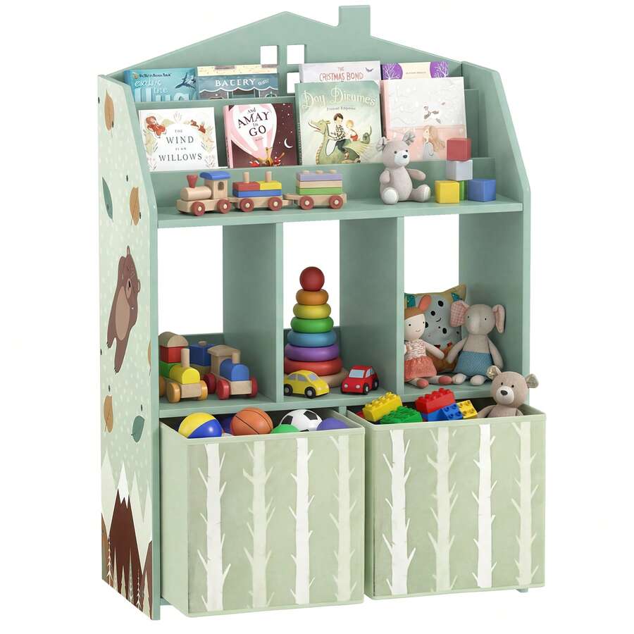 Kinderopbergmeubel, kinderboekenkast met open planken en 2 stoffen lades, MDF, groen - A - Bekijken 1