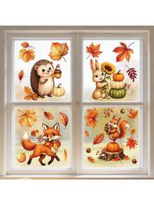 2pcs Autumn Forest Animal Static Window Clings, Fox Hedgehog Squirrel Rabbit Maple Leaf Pumpkin Acorn Stickers, Glue-Free Reusable Glass Decals, Autumn Thanksgiving Home Store Window Party Decoration Gift - Multicolor - View 10