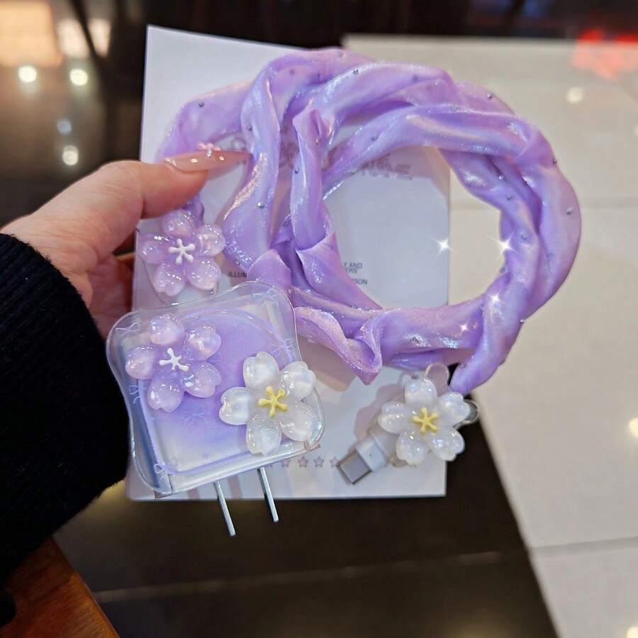 Girl Heart Purple 3D Flower Charging Head Case, Pearlescent Gauze Data Cable Protector Rope, 4pcs Anti-Breakage Decorative Set - Mauve Purple - View 1