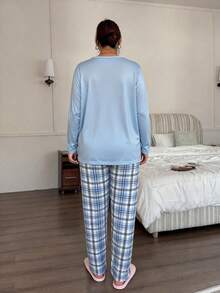 Women's Plus Size Pajama Set, Plaid Print, Long Sleeve Long Pants Loungewear Set, Autumn/Winter Clothing - Blue - View 2