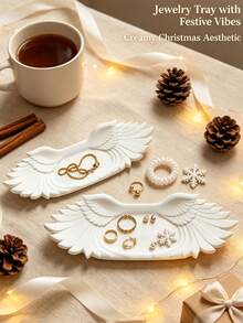 1/2pcs INS Cream Style White Wing Jewelry Tray, Desktop Decorative Storage Tray, 3D Stereoscopic Jewelry Storage Dish, Vanity Earring Necklace Ring Storage And Organization, Entryway Key Small Accessories Decorative Storage Ornament, Fairy Gift, Fun Holiday Gift, Halloween, Christmas - View 4