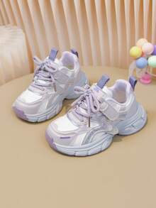 1 Pair Rhinestone Chunky Sneakers, Casual Sports Shoes, Running Shoes, White & Purple Color Block Fashion, Hook & Loop Easy On/Off, Thick Sole Non-Slip Casual Kids Shoes - White & Purple - View 5