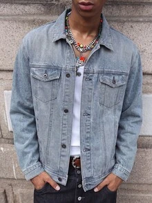 Men's Light Blue Denim Jacket, Punk Style With Multiple Skull Graffiti Print, White Ink Direct-To-Garment, Button Cuffs, Y2K Style - Light Denim Blue - View 6