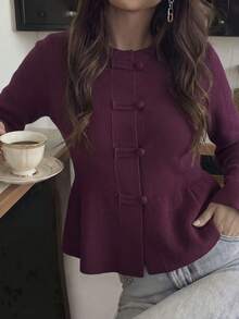 Women's Autumn Set: Vintage Burgundy Chinese Button Knit Cardigan, Round Neck Long Sleeve, Suitable For National Day And New Year - Burgundy - View 5