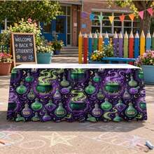 1pc Halloween & Christmas Party Tablecloth, Rectangular Table Skirt, Witch's Potion Cauldron Theme With Magic Bubble Bottle & Boiling Cauldron Print, Perfect For Holiday Parties, Garden Afternoon Tea, Wedding Dessert Table - A - View 6