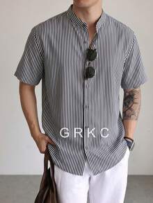 GRKC Men's Stand Collar Short Sleeve Woven Loose Fit Business Casual Button-Up Shirt, Spring/Summer - Light Grey - View 4