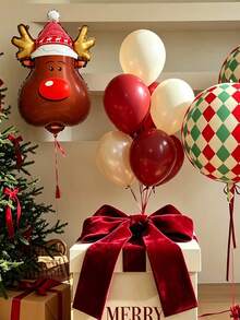 Christmas Reindeer And Plaid Pattern 4D Foil Balloon Set, Red Cream Latex Balloons, Reusable Balloons For Winter Christmas Holiday Home Party Background Decoration, - Christmas Reindeer - View 4