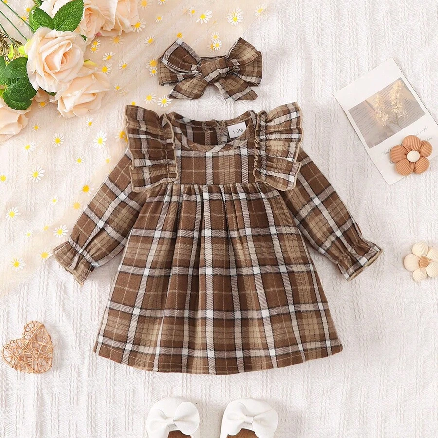 Cute Baby Girl Plaid Ruffle Dress And Headband Set 0-18 Months Spring/Autumn - Brown - View 1