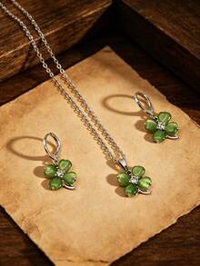 3pcs/Set Lucky Four-Leaf Clover Pendant Necklace & Elegant Four-Leaf Clover Earrings, Premium Jewelry Set, Exquisite Luxury Personalized Versatile Commemorative Gift - Green - View 2