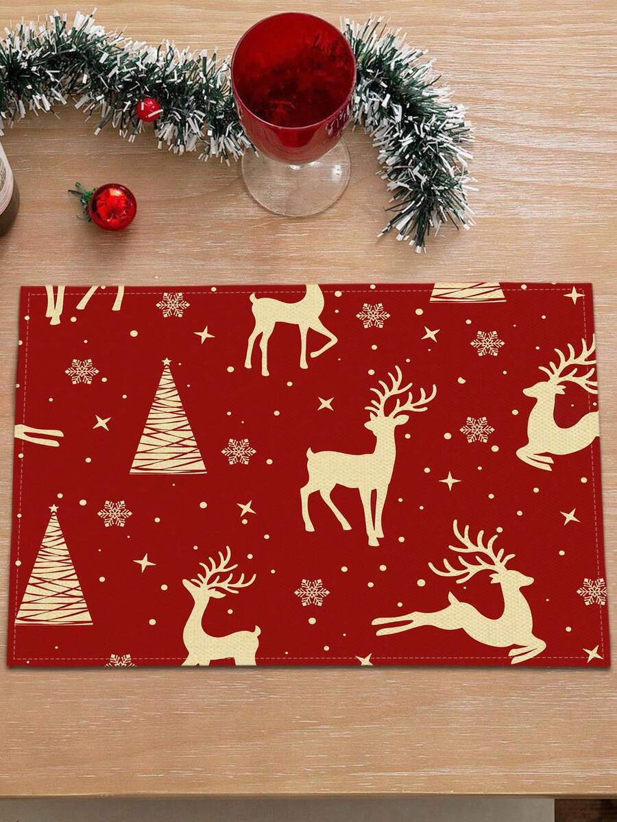 1pc Christmas Series Pattern Printed Table Runner, 4pcs Christmas Pattern Printed Placemats, Suitable For Holiday, Party, Birthday, Dinner, Kitchen Dining Table Decoration, All-Season Room Decor, Home Textile Decoration Table Runner - Multicolor - View 1