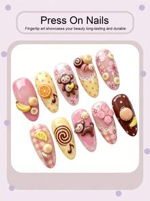 10pcs Almond Press On Nails Sweet Girl Style Macaron Color Creamy 3D ...