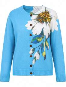 Cardigan con estampado floral 3D - Diseño de patrón de flores, diseño con botones delanteros, suéter ligero para vacaciones de otoño - Azul - Ver 8