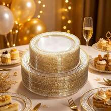 50/25/1pc Transparent Hammered Texture Double Gold Rim Plates, Transparent Bottom With Gold Rim, Elegant Dessert Plate, Pasta Plate, Pizza Plate, Cake Plate, Salad Plate, 7.5 Inch/10.25 Inch Size, Reusable And Easy To Clean, Suitable For Outdoor, Party, Birthday, Wedding And Holiday Gatherings - Transparent Gold Edge - View 2