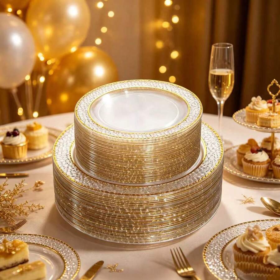 50/25/1pc Transparent Hammered Texture Double Gold Rim Plates, Transparent Bottom With Gold Rim, Elegant Dessert Plate, Pasta Plate, Pizza Plate, Cake Plate, Salad Plate, 7.5 Inch/10.25 Inch Size, Reusable And Easy To Clean, Suitable For Outdoor, Party, Birthday, Wedding And Holiday Gatherings