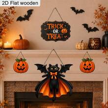 2D Flat, 4pcs/Set Wooden Hanging Signs For Doors, Windows, Fireplaces And Wall Decor, Pumpkin And Bat Decorations, Trick Or Treat Door Sign, Asymmetrical Shaped Hollow Bat - A - View 2