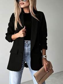 Women's Black Polyester Long Sleeve Regular Fit Long Blazer, Elegant Autumn Professional Attire, Exuding Noble Elegant Fall - Black - View 1
