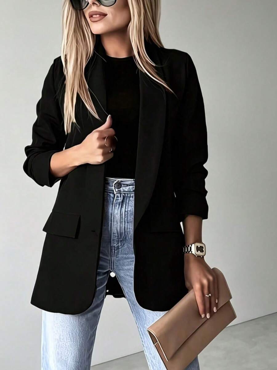 Women's Black Polyester Long Sleeve Regular Fit Long Blazer, Elegant Autumn Professional Attire, Exuding Noble Elegant Fall - Black - View 1