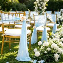 10pcs Elegant Light Blue Tulle Chair Back Bow Set, Corridor Wedding Chair Back Decor, Holiday Church Banquet Ceremony Reception Chair Tulle Set, Photography Props, Birthday Party Home Decor - Baby Blue - View 4