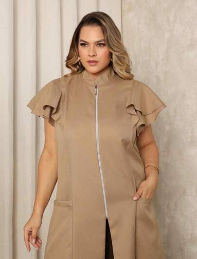 Jaleco Plus Size Zíper Valentina Oxford Bege